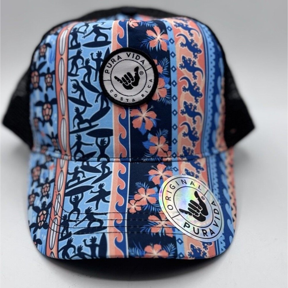 PuraVida Trucker Hat Unisex Black Hang Loose Logo Surfer Cap Turtle Flower Life